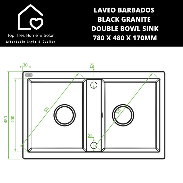 Laveo Barbados Black Granite Double Bowl Sink - 780 x 480 x 170mm