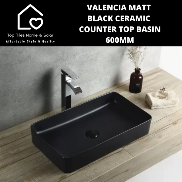 Valencia Matt Black Ceramic Counter Top Basin - 600mm