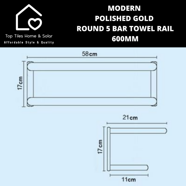 Modern Polished Gold Round 5 Bar Towel Rail - 600mm