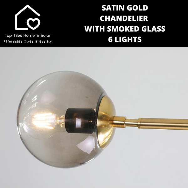 Satin Gold Chandelier with Smoked Glass - 6 Lights