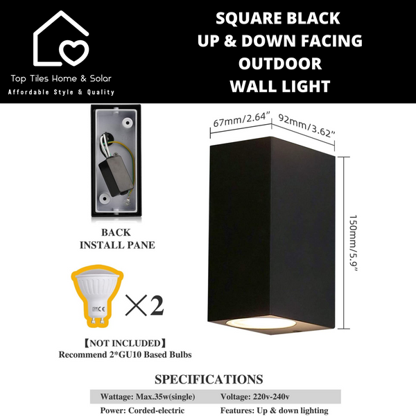 Square Black Up & Down Facing Outdoor Wall Light