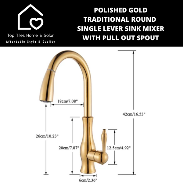 Polished Gold Traditional Round Single Lever Sink Mixer with Pull Out Spout