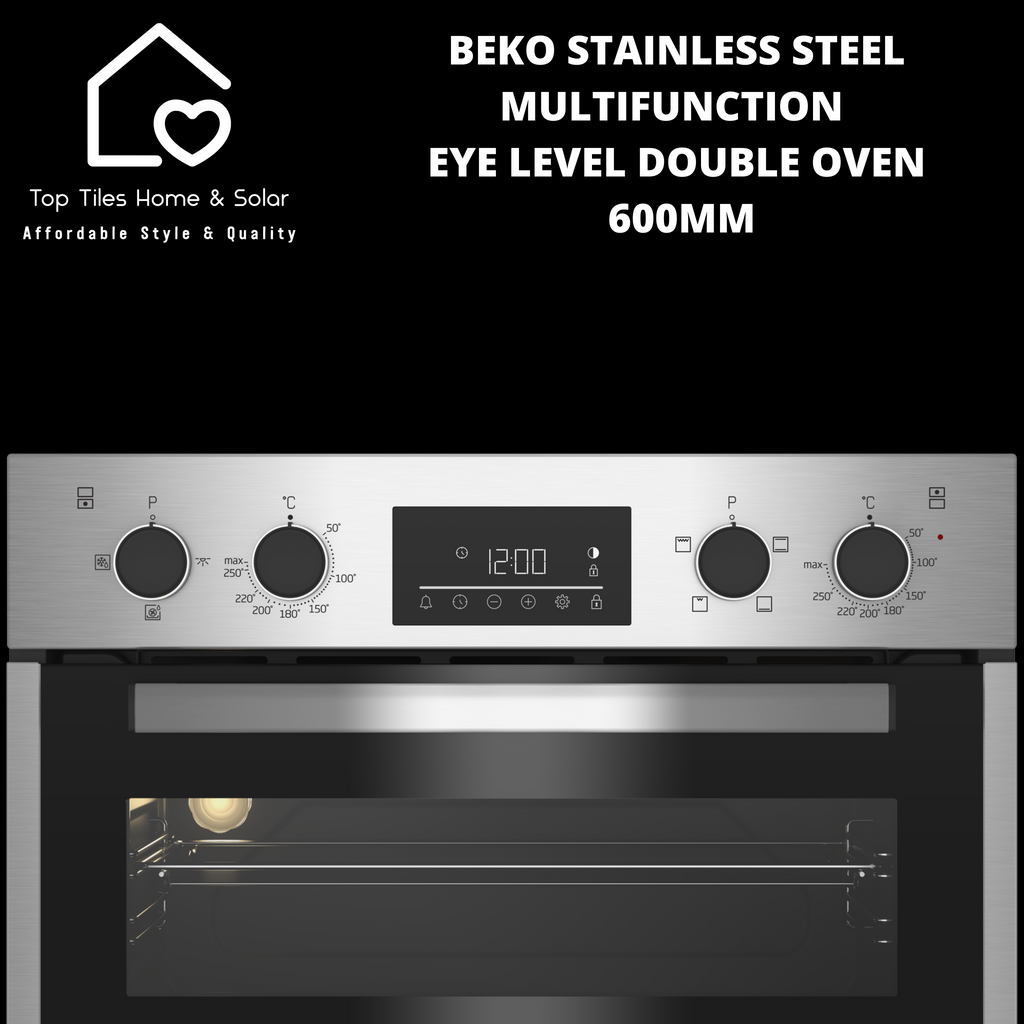 Beko Stainless Steel Multifunction Eye Level Double Oven 600mm Top Tiles Home Solar