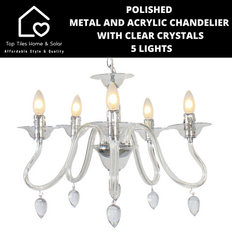 Polished Metal And Acrylic Chandelier With Clear Crystals - 5 Lights