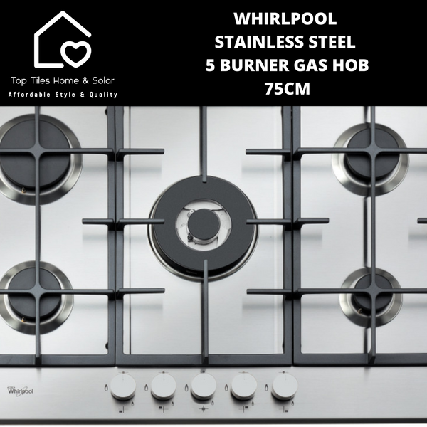 Whirlpool Stainless Steel 5 Burner Gas Hob - 75cm