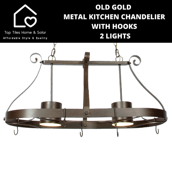 Old Gold Metal Kitchen Chandelier with Hooks - 2 Lights