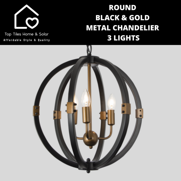 Round Black & Gold Metal Chandelier - 3 Lights