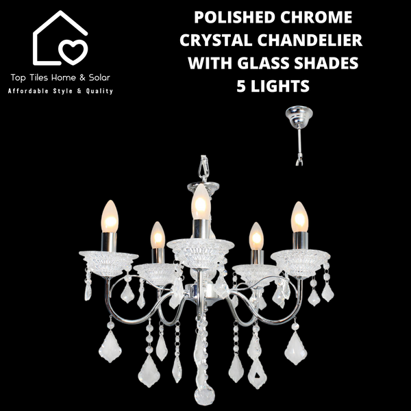 Polished Chrome Crystal Chandelier with Glass Shades - 5 Lights