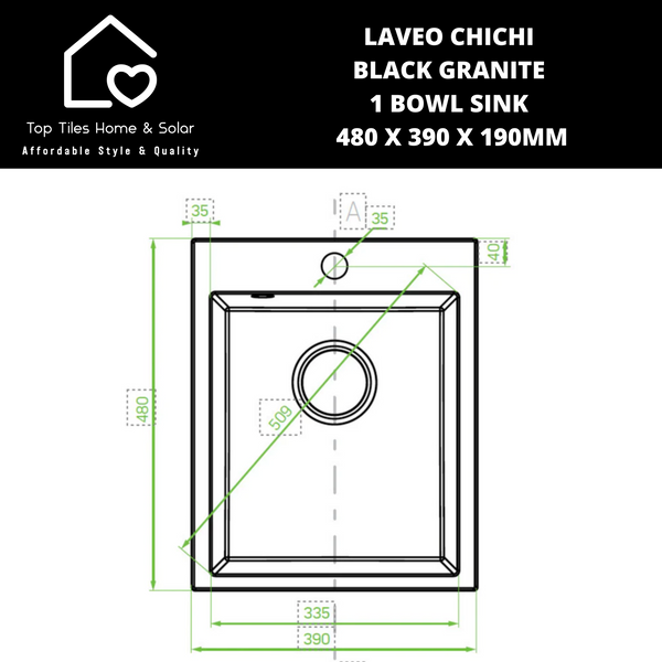 Laveo Chichi Black Granite 1 Bowl Sink - 480 x 390 x 190mm