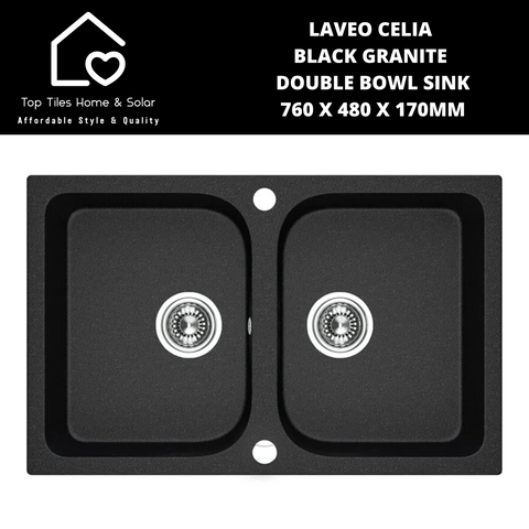 Laveo Celia Black Granite Double Bowl Sink - 760 x 480 x 170mm