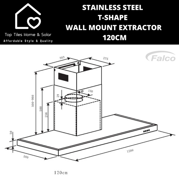 Falco Stainless Steel T-Shape Wall Mount Cookerhood - 120cm FAL-90-2245SG