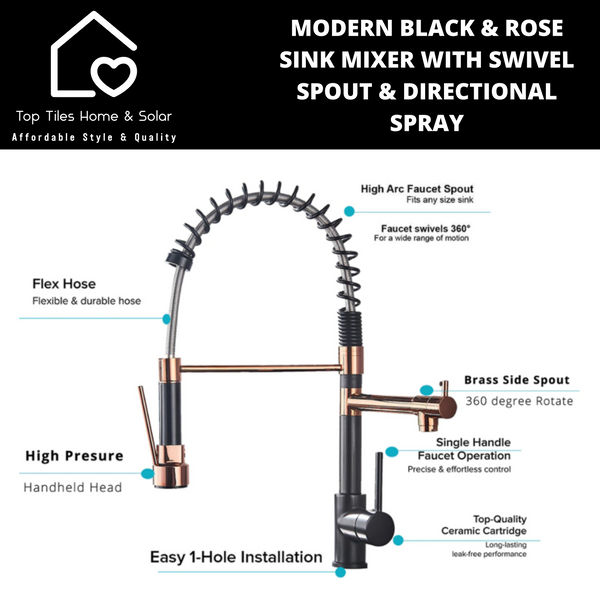 Modern Black & Rose Sink Mixer with Swivel Spout & Directional Spray