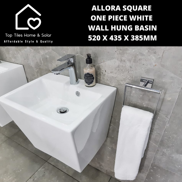 Allora Square One Piece White Wall Hung Basin - 520 x 435 x 385mm