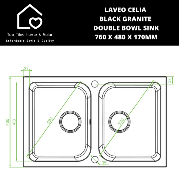 Laveo Celia Black Granite Double Bowl Sink - 760 x 480 x 170mm