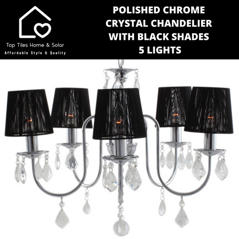 Polished Chrome Crystal Chandelier with Black Shades - 5 Lights
