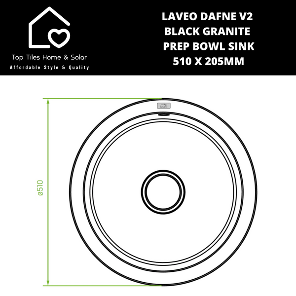 Laveo Dafne V2 Black Granite Prep Bowl Sink - 510 x 205mm