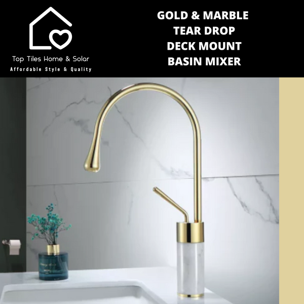 Gold & Marble Tear Drop Deck Mount Basin Mixer