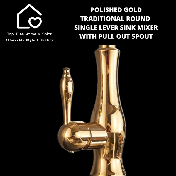 Polished Gold Traditional Round Single Lever Sink Mixer with Pull Out Spout