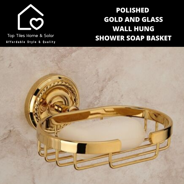 Polished Gold And Glass Wall Hung Shower Soap Basket