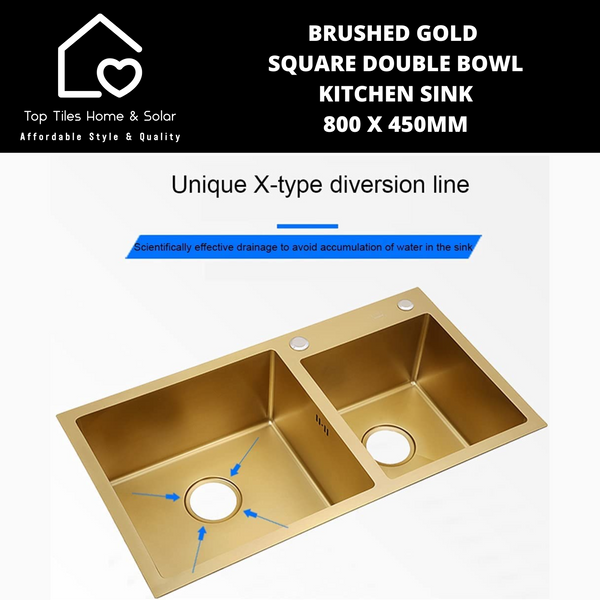 Brushed Gold Square Double Bowl Kitchen Sink - 800 x 450mm