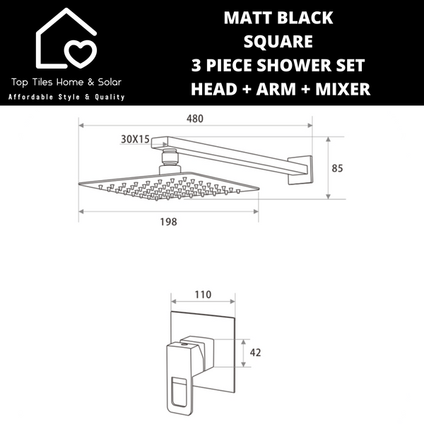 Matt Black Square 3 Piece Shower Set - Head-Arm-Mixer