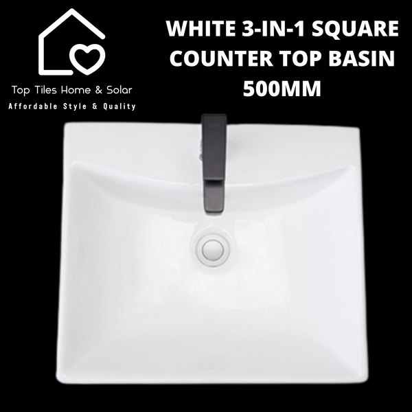 White 3-In-1 Square Counter Top Basin - 500mm