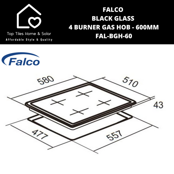 Falco Black Glass 4 Burner Gas Hob - 600mm FAL-BGH-60