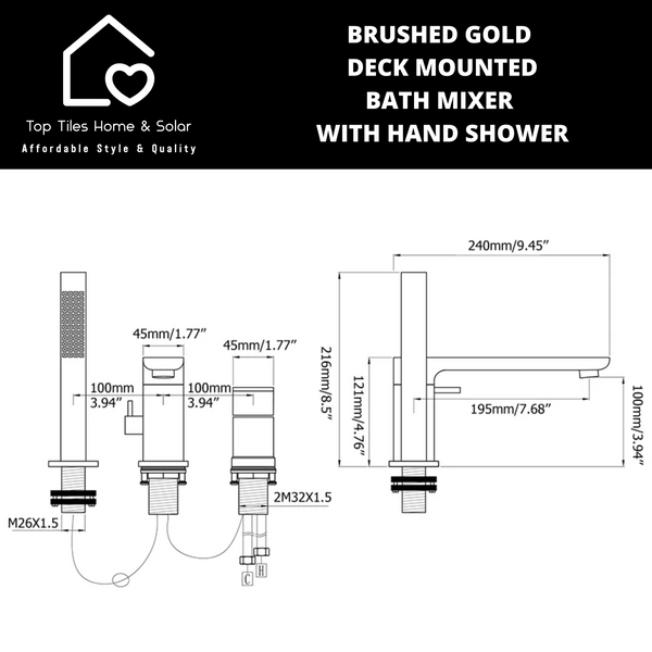 Brushed Gold Deck Mounted Bath Mixer With Hand Shower