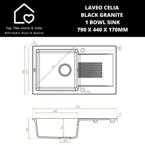 Laveo Celia Black Granite 1 Bowl Sink - 790 x 440 x 170mm