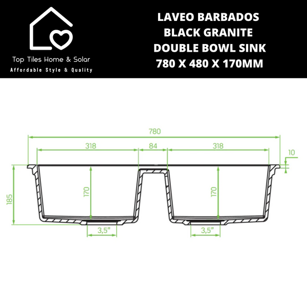 Laveo Barbados Black Granite Double Bowl Sink - 780 x 480 x 170mm