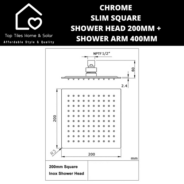 Chrome Slim Square Shower Head 200mm + Arm 400mm