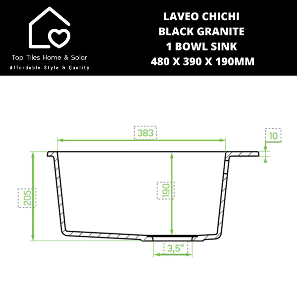 Laveo Chichi Black Granite 1 Bowl Sink - 480 x 390 x 190mm