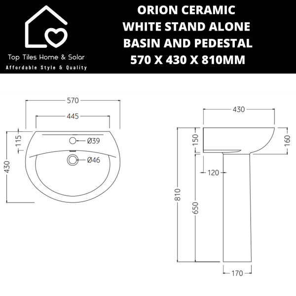 Orion Ceramic White Stand Alone Basin And Pedestal - 570 x 430 x 810mm