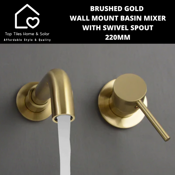 Brushed Gold Wall Mount Basin Mixer With Swivel Spout - 200mm