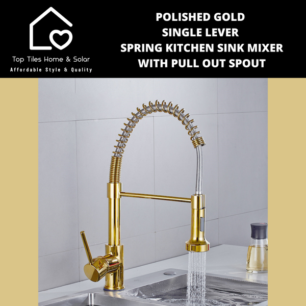 Polished Gold Single Lever Spring Kitchen Sink Mixer with Pull Out Spout