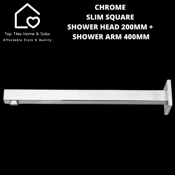 Chrome Slim Square Shower Head 200mm + Arm 400mm