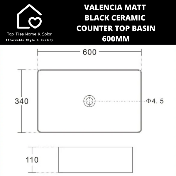 Valencia Matt Black Ceramic Counter Top Basin - 600mm