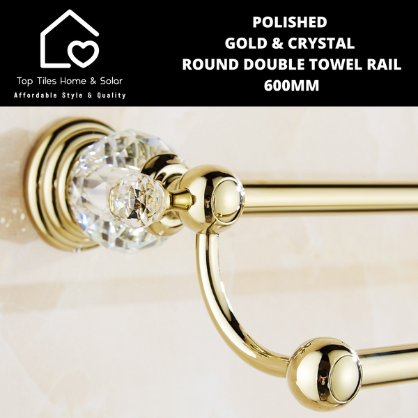 Polished Gold & Crystal Round Double Towel Rail - 600mm