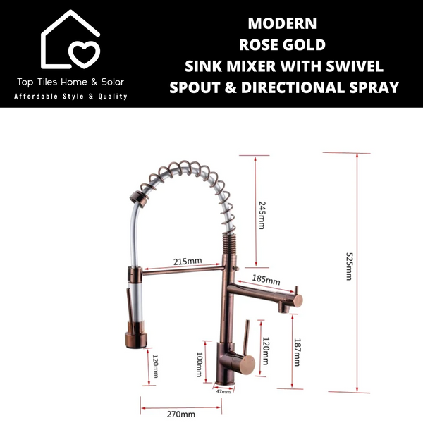 Modern Rose Gold Sink Mixer with Swivel Spout & Directional Spray