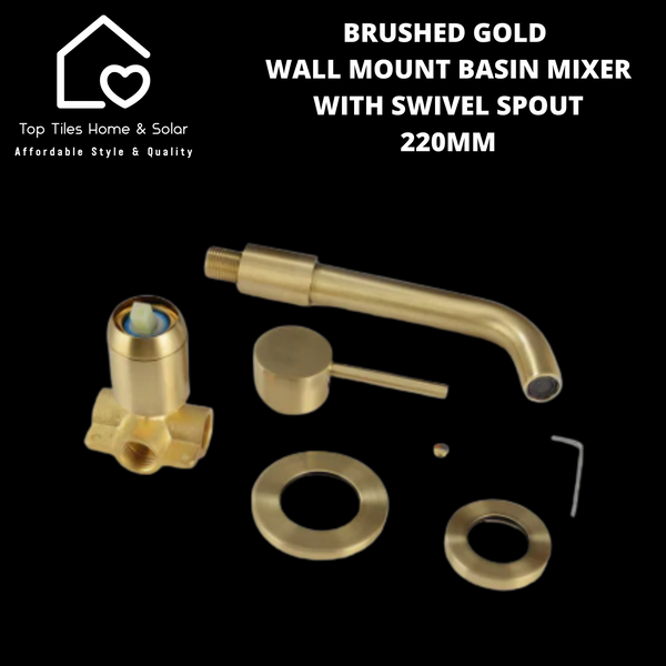 Brushed Gold Wall Mount Basin Mixer With Swivel Spout - 200mm
