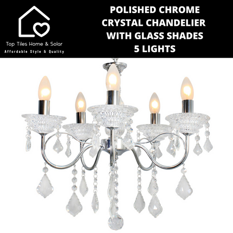 Polished Chrome Crystal Chandelier with Glass Shades - 5 Lights
