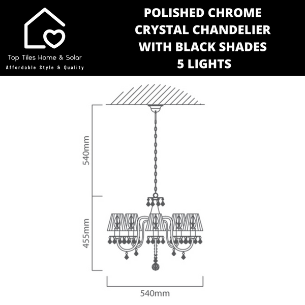 Polished Chrome Crystal Chandelier with Black Shades - 5 Lights