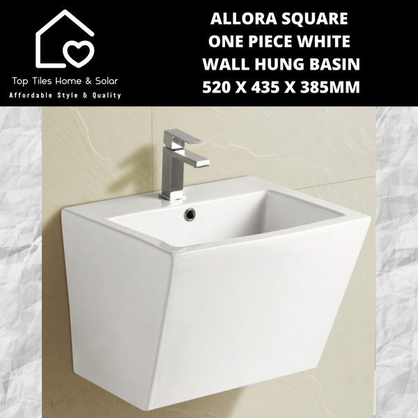 Allora Square One Piece White Wall Hung Basin - 520 x 435 x 385mm