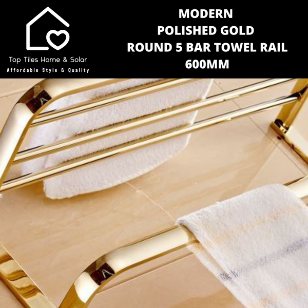 Modern Polished Gold Round 5 Bar Towel Rail - 600mm