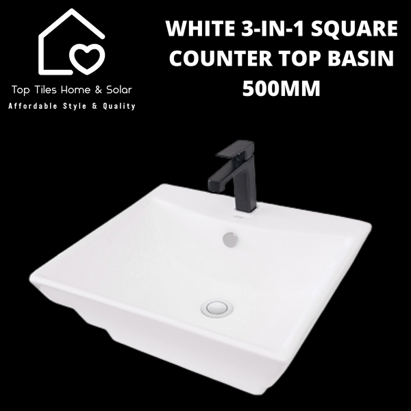 White 3-In-1 Square Counter Top Basin - 500mm