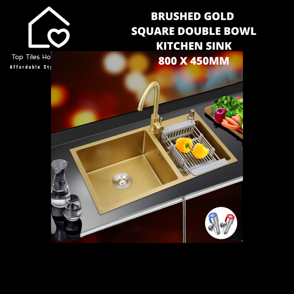 Brushed Gold Square Double Bowl Kitchen Sink - 800 x 450mm