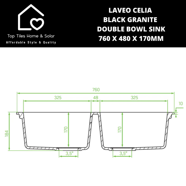 Laveo Celia Black Granite Double Bowl Sink - 760 x 480 x 170mm