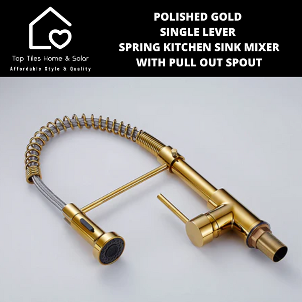 Polished Gold Single Lever Spring Kitchen Sink Mixer with Pull Out Spout