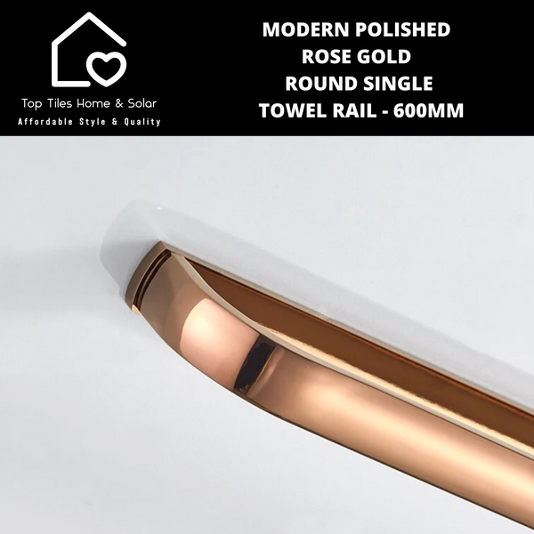 Modern Polished Rose Gold Round Single Towel Rail - 600mm