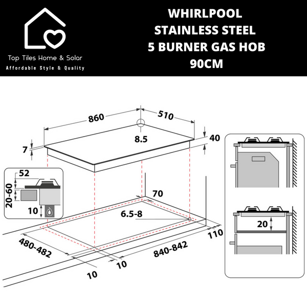 Whirlpool Stainless Steel 5 Burner Gas Hob - 90cm